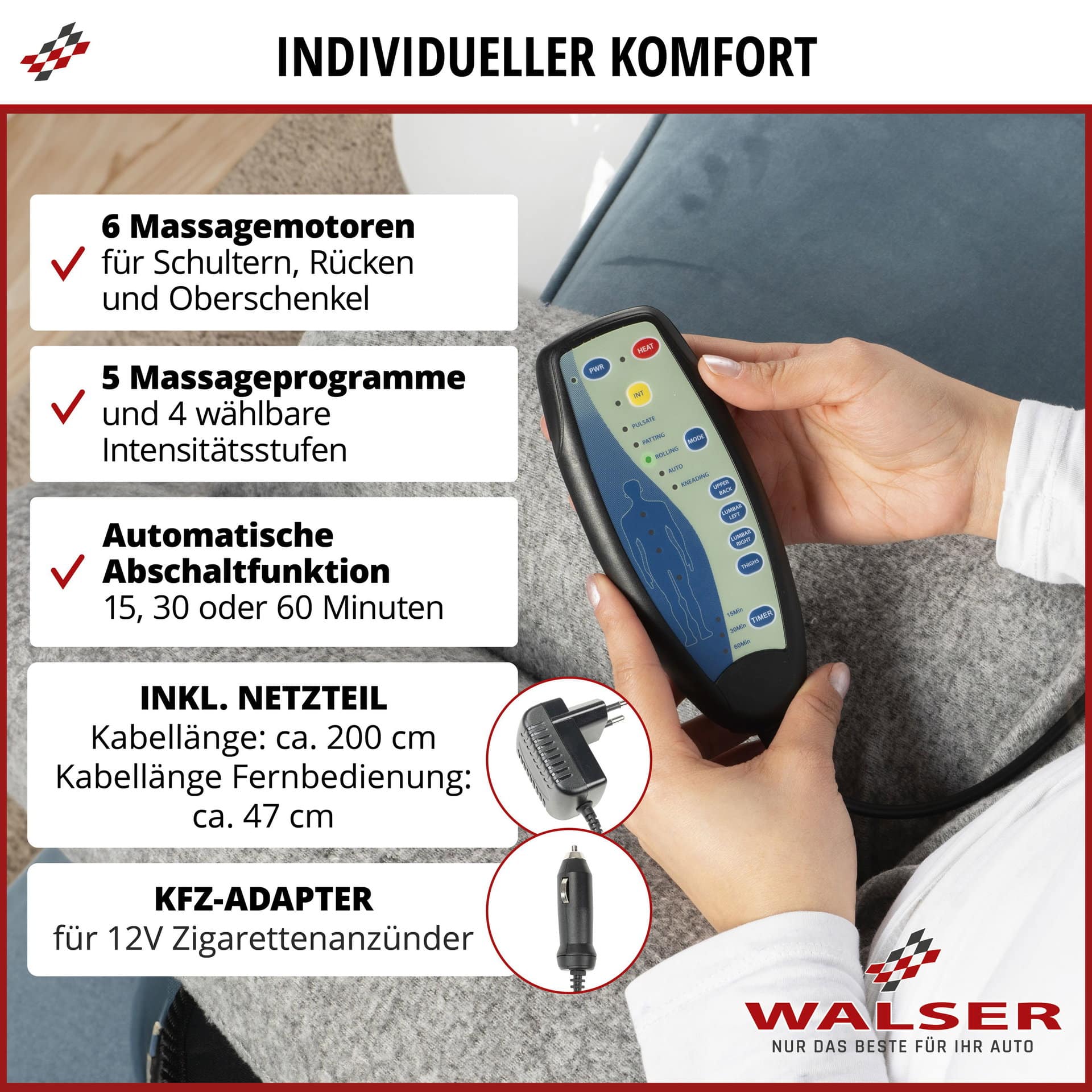 Fernbedienung und Adapter der WALSER Relax Drive Sitzauflage