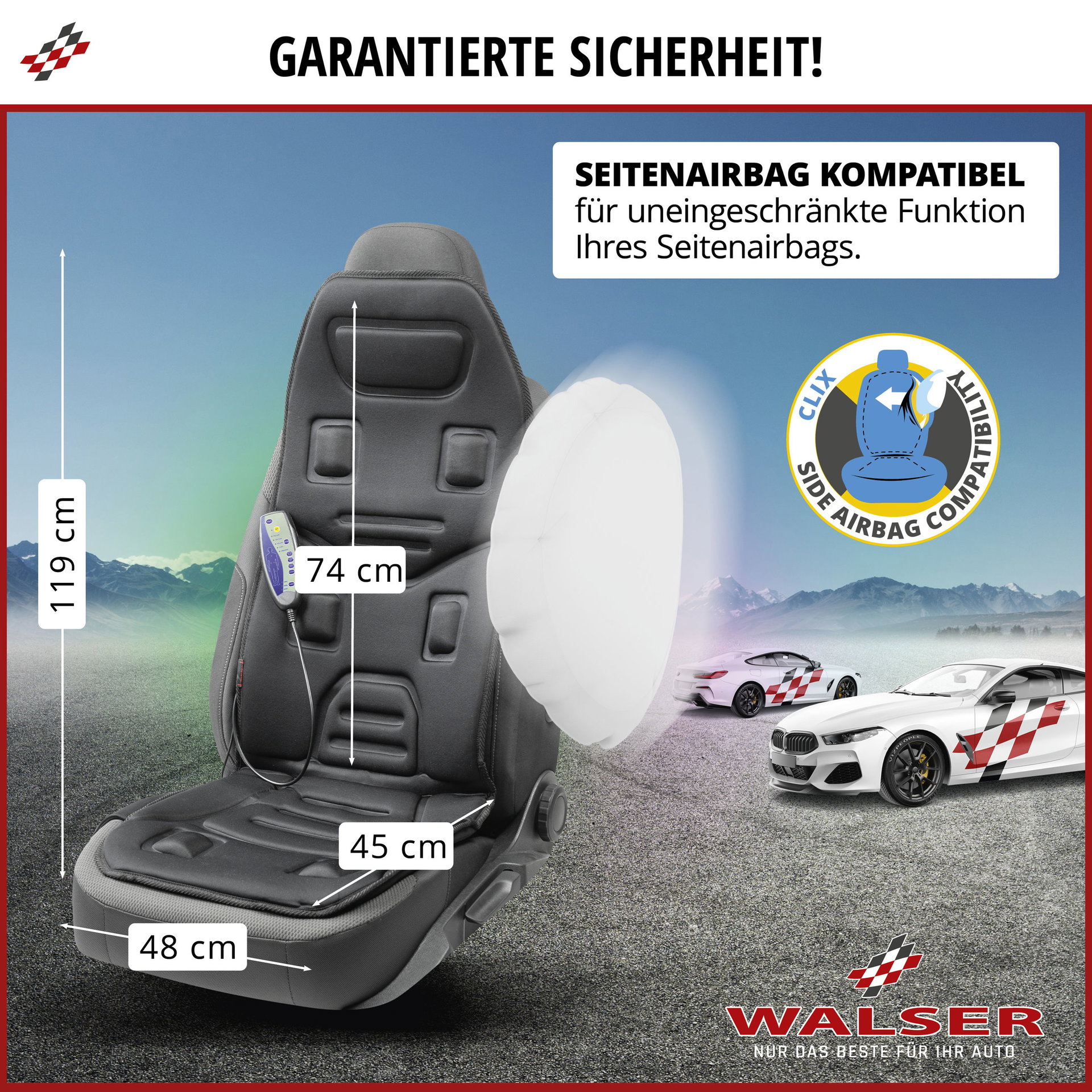 Maße und Seitenairbag-Kompatibilität der WALSER Massagesitzauflage